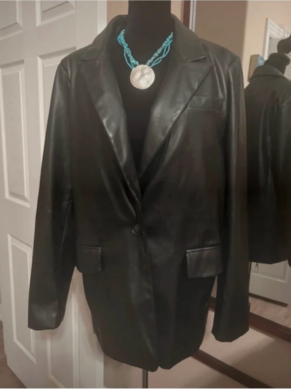 Sans Souci Black Faux Leather Single-Button Blazer